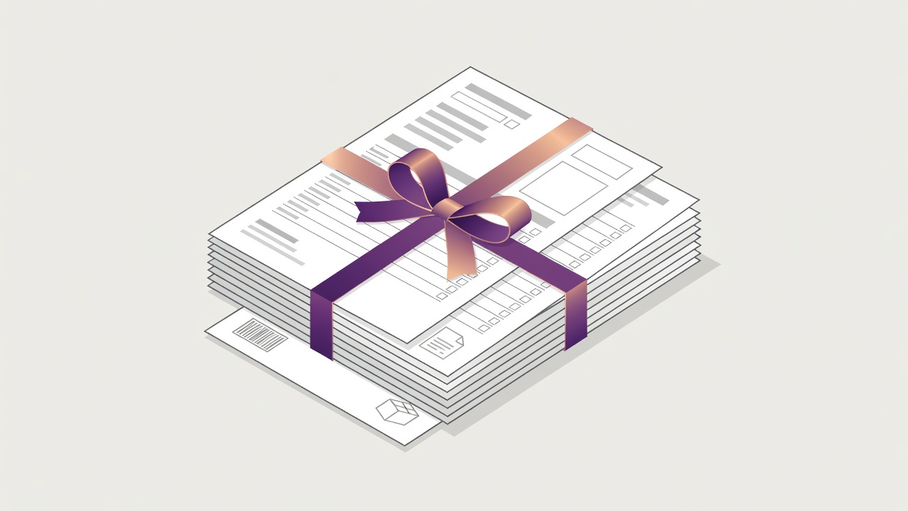 Flat vector document bundle separating a shipping label, itemised customs information and supporting evidence