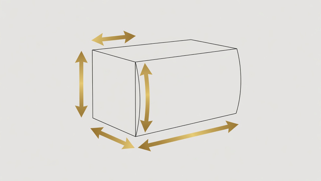 Flat vector box with gold arrows marking external length, width and height, including a bulging side